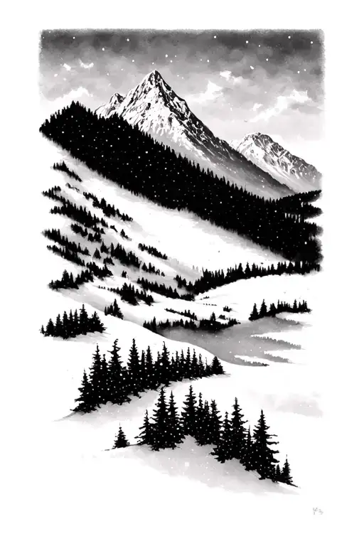 mountain and snow forest tattoo design idea