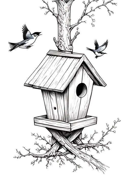 small birdhouse with 2 birds flying up to it tattoo design idea