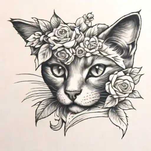 cat and flowers wrapped tattoo design idea