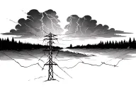 black and white connected powerlines lineman inspired thunderstorm clouds and lightning strike treeline no road no rain  tattoo design idea