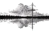 black and white connected powerlines lineman inspired thunderstorm clouds and lightning strike treeline no road no rain  tattoo design idea