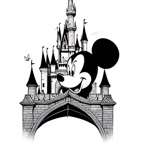 disney castle. mickey mouse  head on the archway  tinker bell pixie dust and Tigger   the tisneaking behind  the castle  tattoo design idea