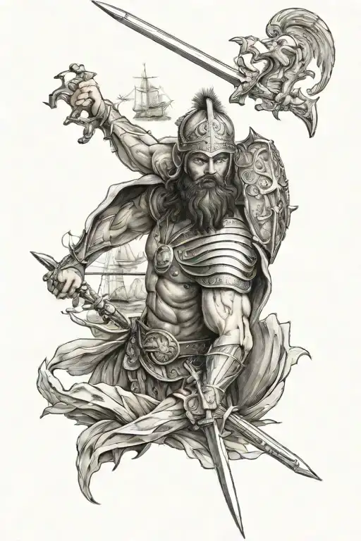 king leonitas angel spartan with shield and sword watching Persian ships wreck tattoo design idea