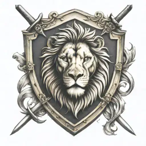 lion famely emblem shield crossed swords going horizontal tattoo design idea