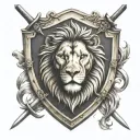 lion famely emblem shield crossed swords going horizontal tattoo design idea