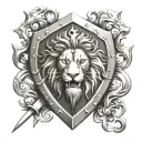 lion famely emblem shield crossed swords going horizontal tattoo design idea
