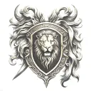 lion famely emblem shield crossed swords going horizontal tattoo design idea