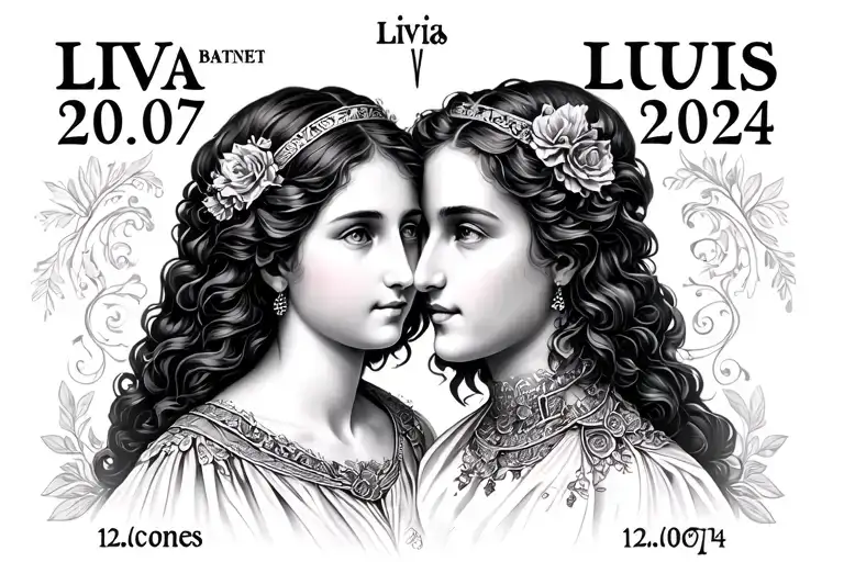 PRESS NAME AND DATE IN BIRTHER IN NUMBANT ROMAN: LIVIA 25.07.2021 AND LUIS 12.10.2024 with 2 crrones tattoo design idea