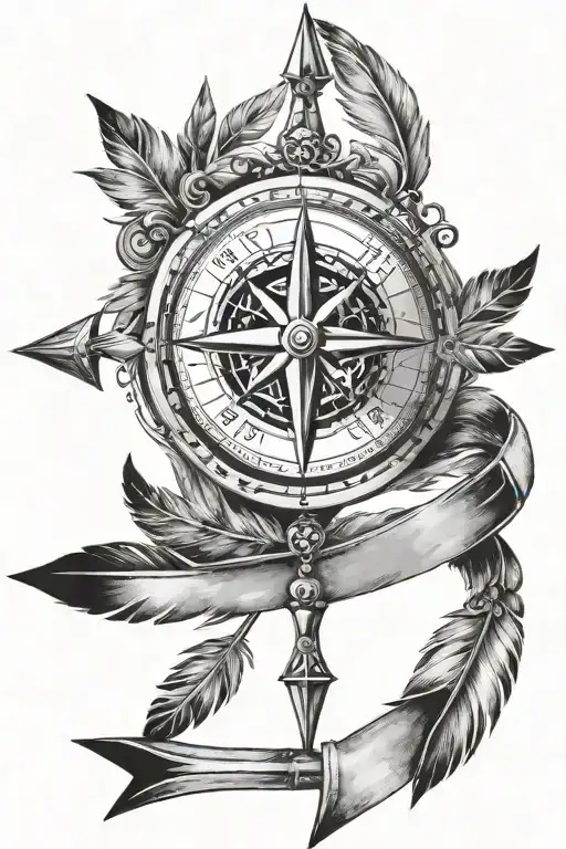 Compass, feathers tied to the arrow with ribbons tattoo design idea