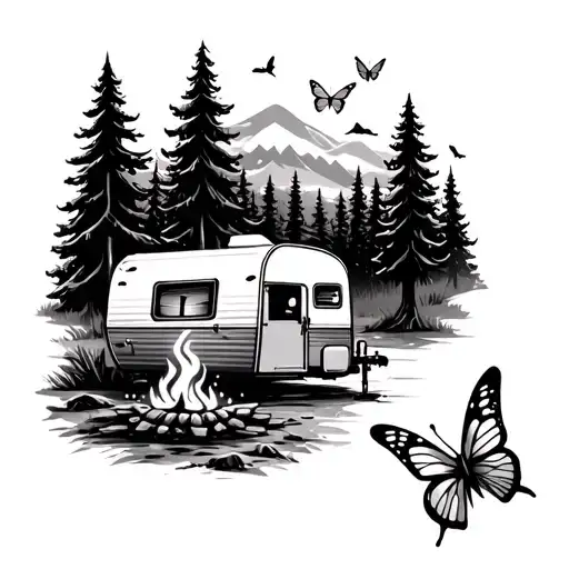 Design a camping theme black and white realistic tattoo for my arm  with trees, a trailer, camp fire, a butterfly flying tattoo design idea