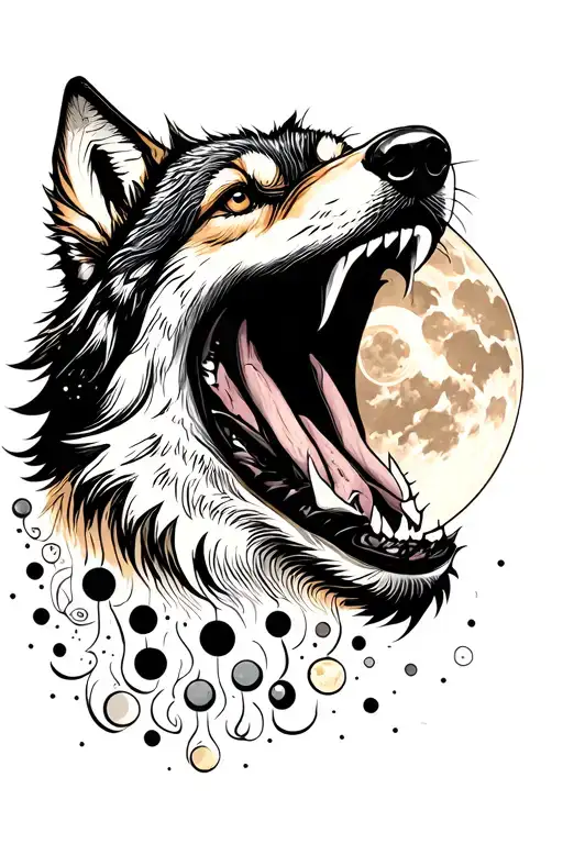 eye with watching world Wolf Howling at the Moon phases tattoo design idea