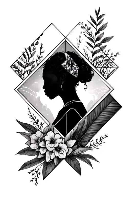 geometric syle, diamond tattoo with nature elements in it and a silhouette of a person looking away tattoo design idea