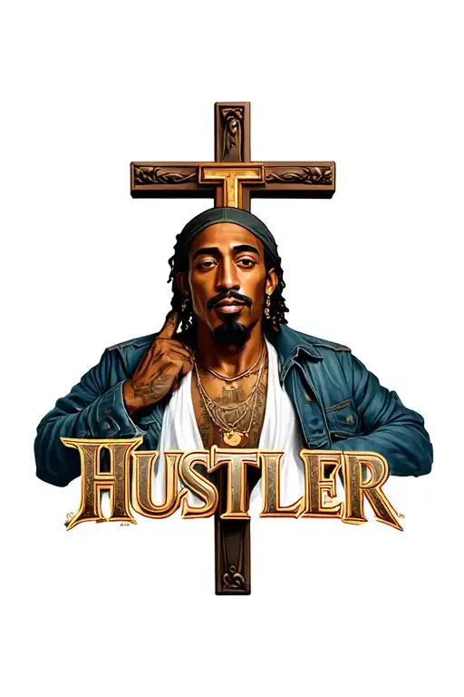 the word Hustler with Tupac shakur on a cross like Jesus as the letter T in the word hustler. tattoo design idea