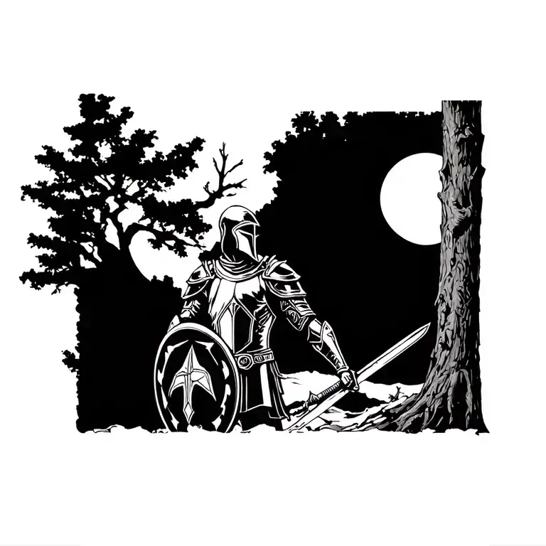 A soldier clad in spartan armor with sword and shield in a dark setting next to a tree. Add Ephesians 6:10-18 to the top tattoo design idea