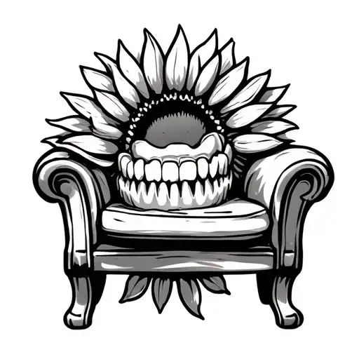 Sunflower nas chair with cartoon molar tooth laying on it bathing in the sun tattoo design idea