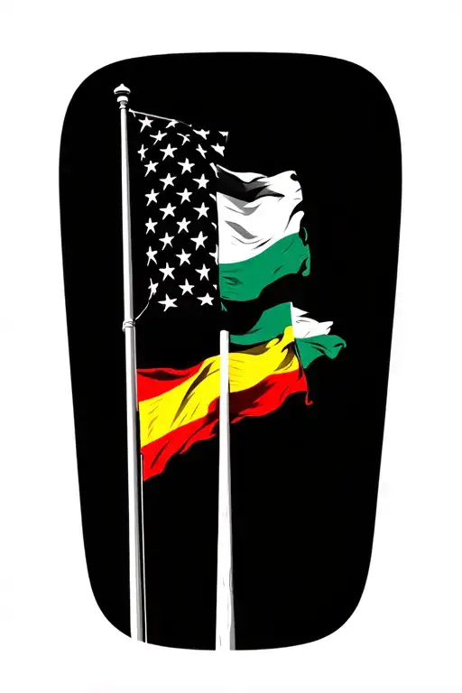 Flagpole with American and Lithuanian flag waving where flags are half color and half black & white diagonally tattoo design idea