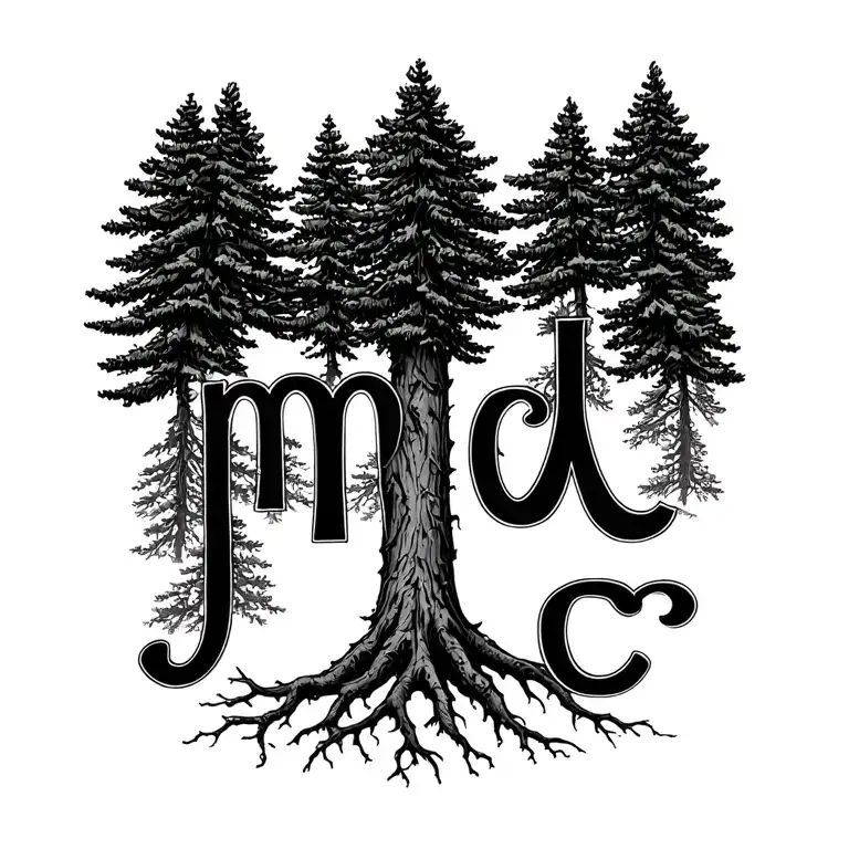 Simple Fine line jack pine tree with roots shaped like letters m, j and c in cursive tattoo design idea