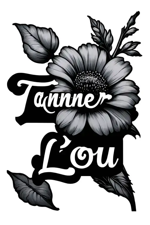 flower with the stem saying tanner lou in fancy writing tattoo design idea