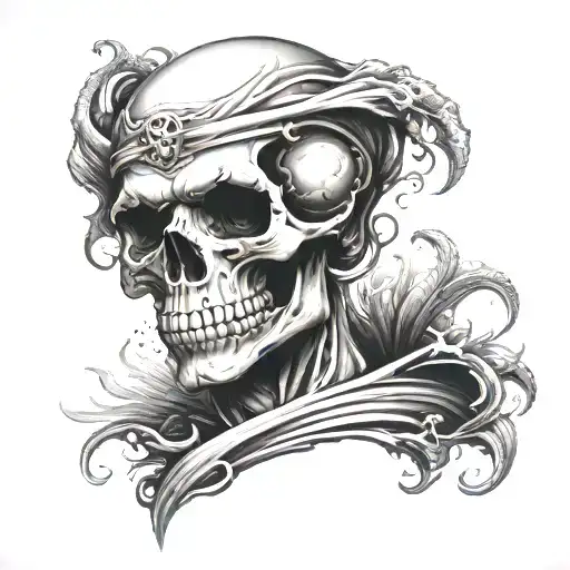 skull thinking near ocean tattoo design idea