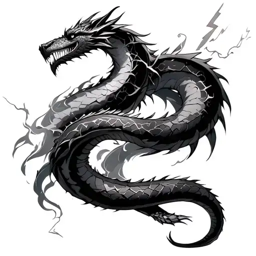“Black & grey leg sleeve, below knee. Coiled serpent or dragon wrap. Cracked armor, runes, smoke, lightning.  tattoo design idea