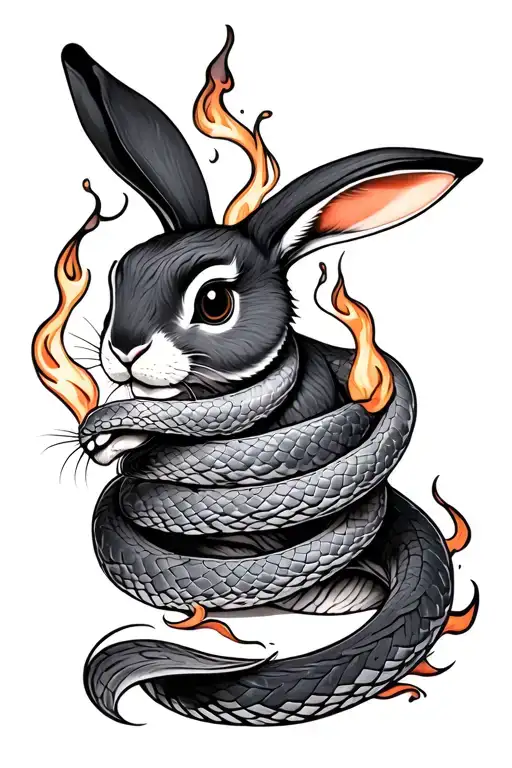 fire snake wrapping around wooden Rabbit tattoo design idea