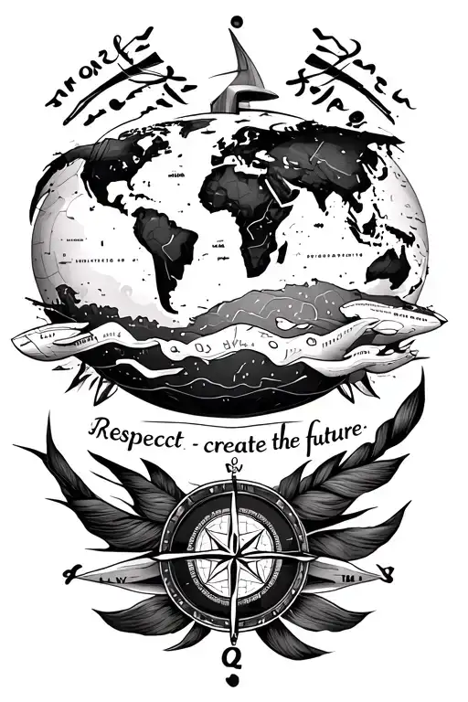 travel sleeve, including a globe, world map plane and compass with writing saying "respect the past / create the future" tattoo design idea