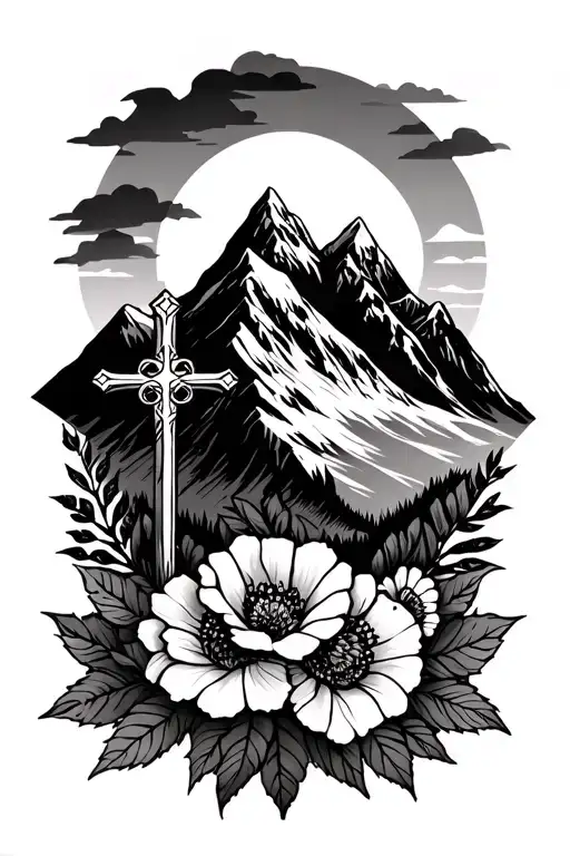 Mountain, Shepherd staff, cross, flowers tattoo tattoo design idea