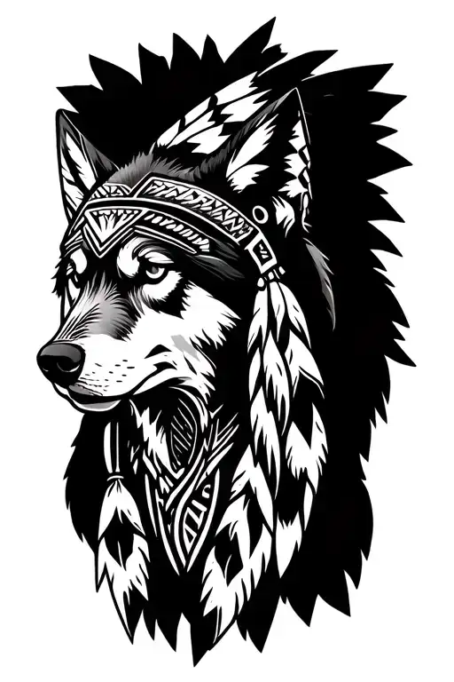 American Indian Cherokee with wolf head tattoo design idea