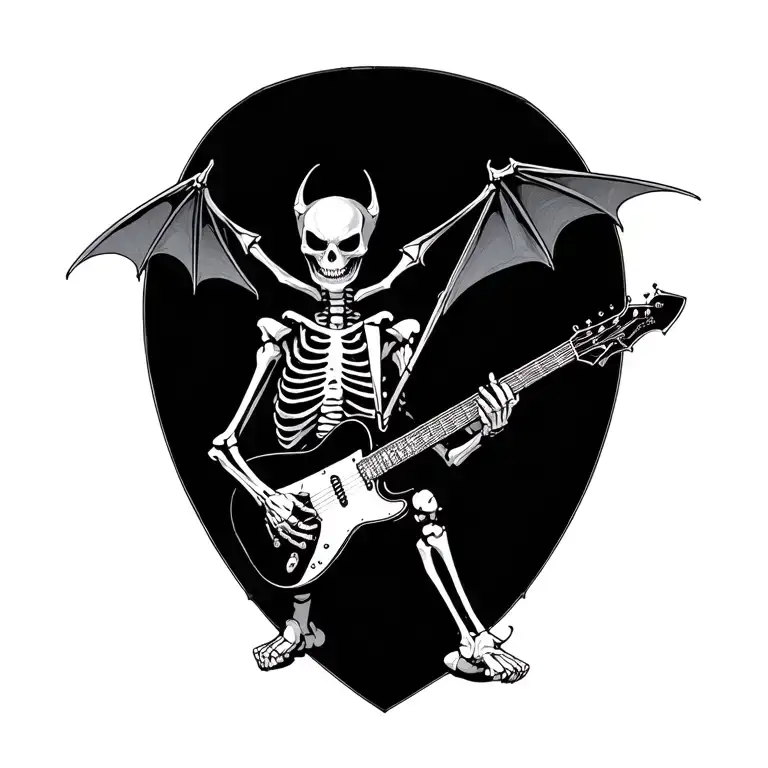 bat skeleton playing a flying v guitar tattoo design idea