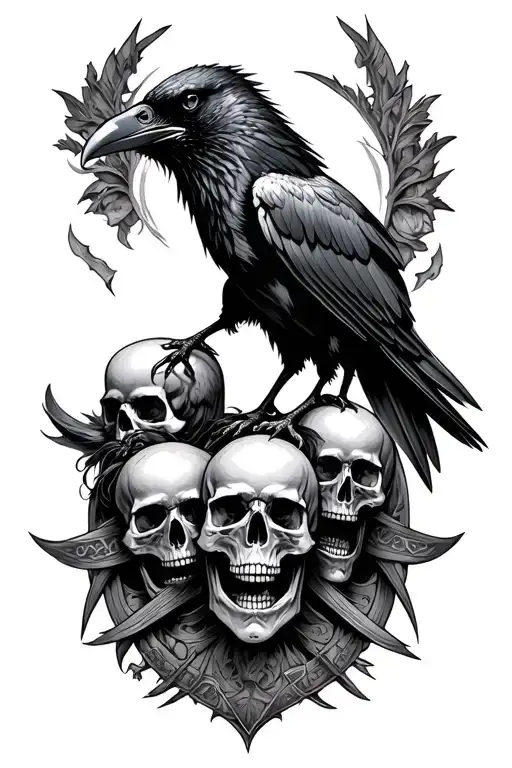 The Irish Goddess Morrigan as she transforms into a raven. Include skulls in the tattoo. tattoo design idea