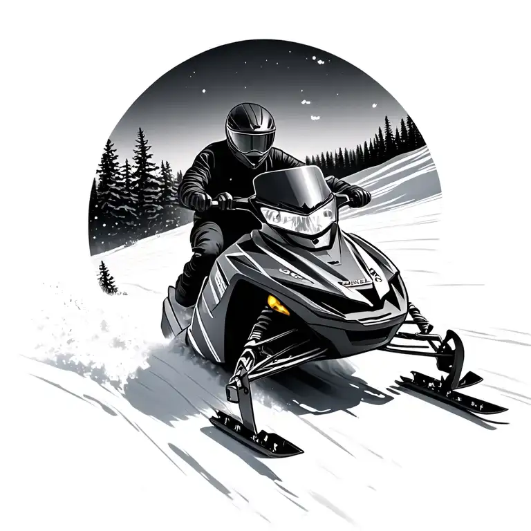 A realistic black and grey snowmobile racing through a music-themed landscape tattoo design idea