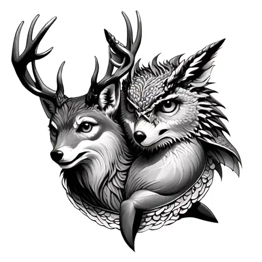 combine, a deer , a fox, an owl, dragon, dolphin, try combine them into one, at list a part of their body can combine,   tattoo design idea