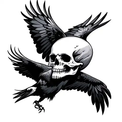 Skull & crow flying tattoo design idea