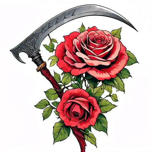 roses wrapped around scythe tattoo design idea