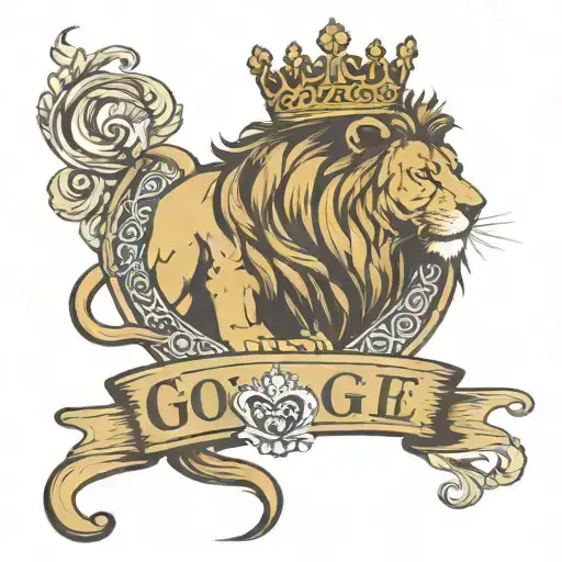 lion wearing a crown with name GOE and infinity symbol tattoo design idea
