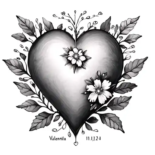 1 heart with flower pierce snow, first name Valentina, date 01.01.22 Heart with jonquille, first name nina, date 11.03.24 tattoo design idea
