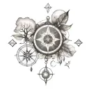 compass, clock, lunar cycle, DNA strand, tree and root tattoo design idea
