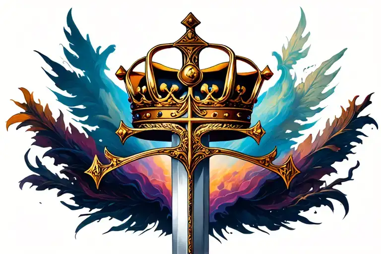 cross, sword, biblical, crown surrounded by bold tattoo design idea