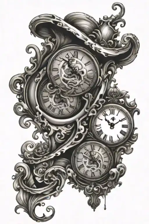 two melting alice in wonderland style clocks side by side tattoo design idea