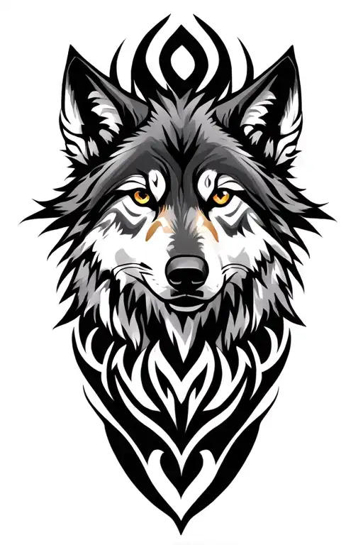 Neo Realist Wolf head with matching tribal style tattoo design idea