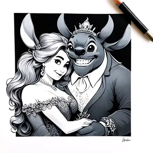 beauty and the beast and stitch tattoo design idea