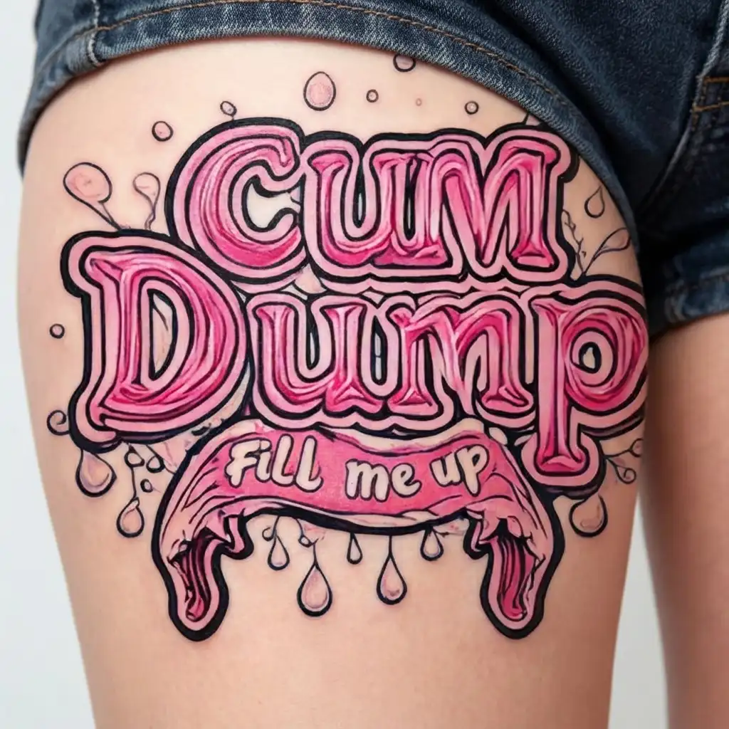 "Cum Dump" "Fill me up" penis, white droplets, tattoo design idea