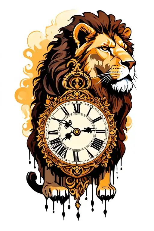 lion tatto with ancient clock melting tattoo design idea
