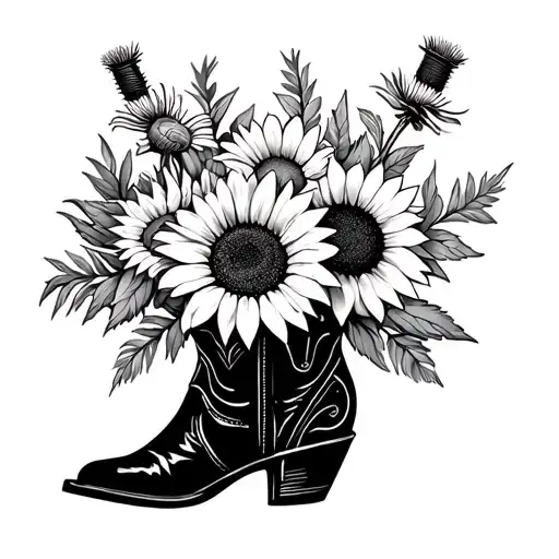 Design a minimalist tattoo, black and white a cowboy boot vase with flowers coming out of it, sunflower and thistle tattoo design idea