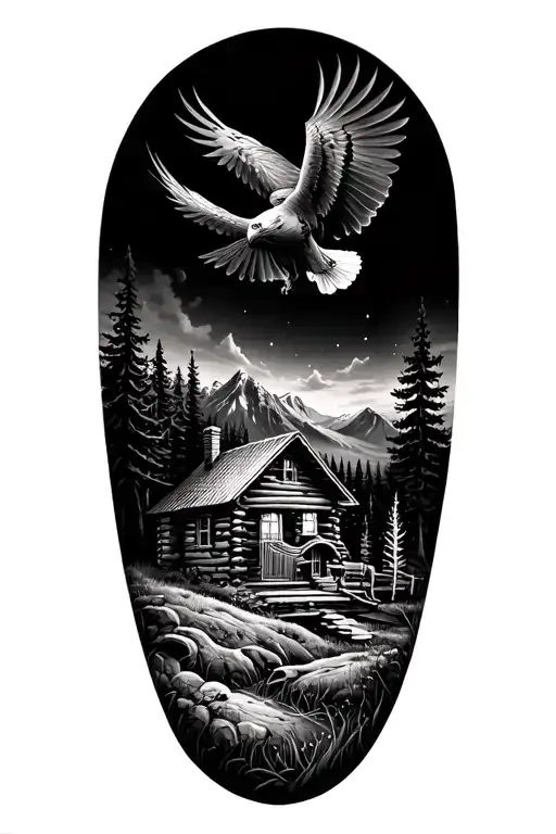 nature scene with log cabin up on a mountain with a bald eagle soaring in the sky with a acoustic guitar tattoo design idea