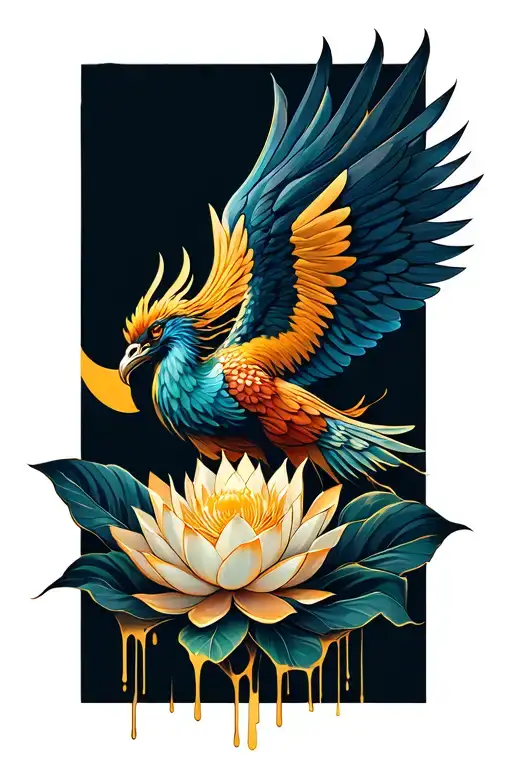 Phoenix with its wings folded while looking down with a lotus flower between its wings dripping gold tattoo design idea