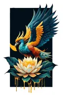 Phoenix with its wings folded while looking down with a lotus flower between its wings dripping gold tattoo design idea