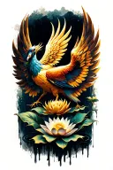 Phoenix with its wings folded while looking down with a lotus flower between its wings dripping gold tattoo design idea