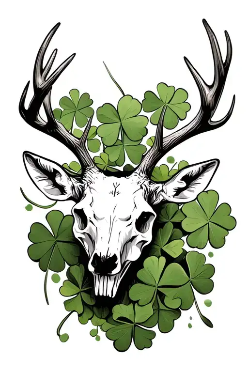 Irish shamrocks with a whitetail deer head skull and antlers  tattoo design idea