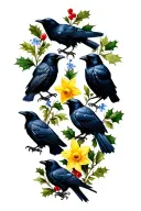 larkspur, holly, daffodil, two ravens tattoo design idea